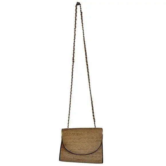 La Regale Woven Straw Grass Handbag Purse Gold Tone Hardware Vintage Chain Strap - Picture 4 of 8